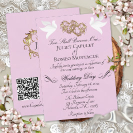 Tauben, Herzen, QR Code - Pink Pearl/Gold Einladung