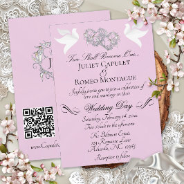 Tauben, Herzen, QR-Code - Pink Pearl/Silber Einladung