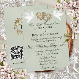 Tauben, Herzen, QR-Code - Salbei Pearl/Gold Einladung