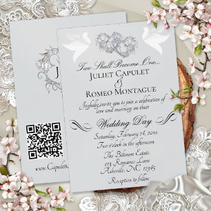 Tauben, Herzen, QR Code - Silber Pearl/Silber Einladung