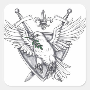 Tauben-olivgrüne Blatt-Klinge-Wappen-Tätowierung Quadratischer Aufkleber