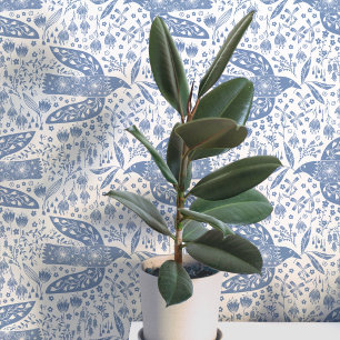 Tauben und Blume Blaue und weiße Vogelkunst Tapete