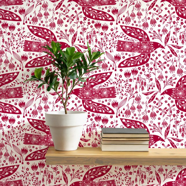 Tauben und Blume Rote und Weiße Vogelkunst Tapete (Doves and flowers bird art peel and stick wallpaper)