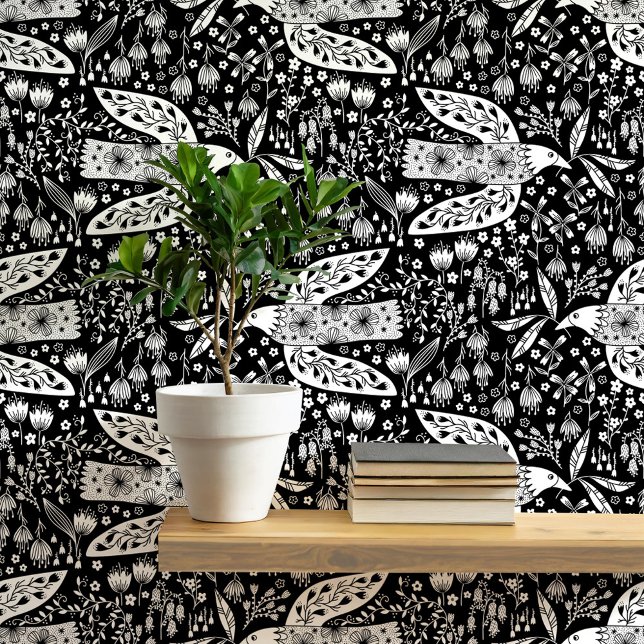 Tauben und Blume Weiß auf Black Bird Art Tapete (Doves and flowers bird art peel and stick wallpaper)