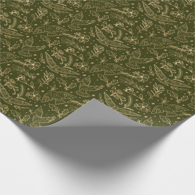 Tauben von Frieden Grün Shimmer Gold Foil Blüte Geschenkpapier (Ecke)