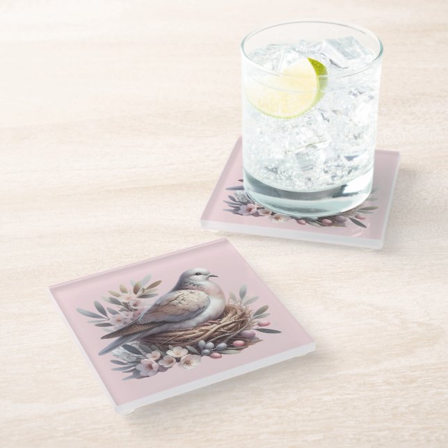 Taubennest mit Blume und Olivenzweigen Glasuntersetzer (Schrägansicht)