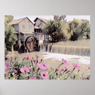 Taubenschmiede Alte Mill Aquarell mit Blume Poster
