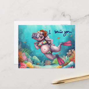 Tauch-Hippopotamus unter Wasser Ich vermisse dich Postkarte