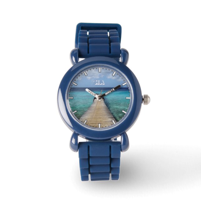 Tauchen Sie ein in das Blau (mit Ihren Initialen) Armbanduhr (Vorderseite)