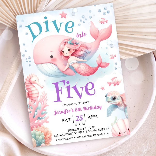 Tauchen Sie in fünf ein! Girl Pink Mermaid 5. Gebu Einladung (Von Creator hochgeladen)