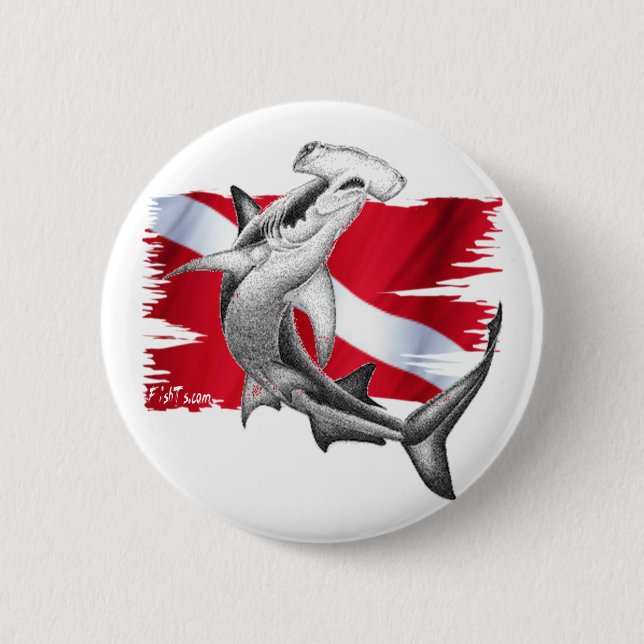 Tauchenflagge mit Hammerhai Haifischtaucher unten Button (Vorderseite)