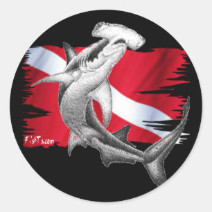 Tauchenflagge mit Hammerhai Haifischtaucher unten Runder Aufkleber