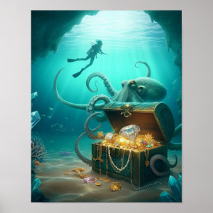 Taucher findet einen Schatz, der von einem Meeresw Poster