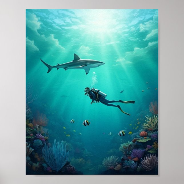 Taucher trifft einen Hai Poster (Vorne)