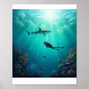 Taucher trifft einen Hai Poster