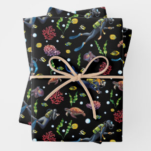 Taucher unter Meereskorallen tropischen Fischen Geschenkpapier Set