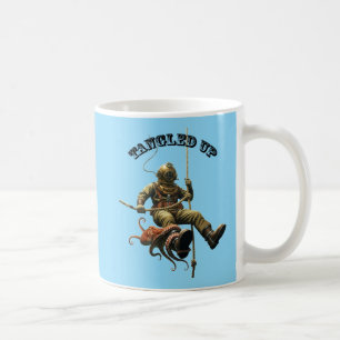Tauchhelm-Taucher an einem Seil mit einem Oktopus Kaffeetasse