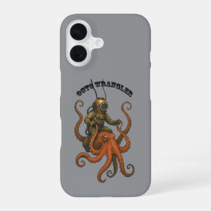 Tauchhelm-Taucher auf einem riesigen Oktopus reite iPhone 16 Hülle