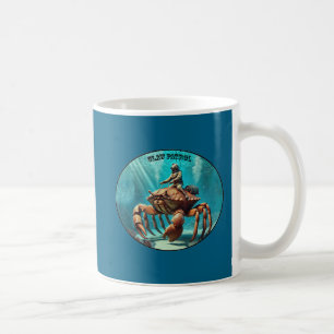 Tauchhelm-Taucher reitet auf einer riesigen Krabbe Kaffeetasse