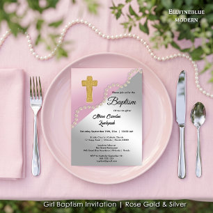 Tauf-Einladung Mädchen Elegante Perlen Goldkreuz Einladung