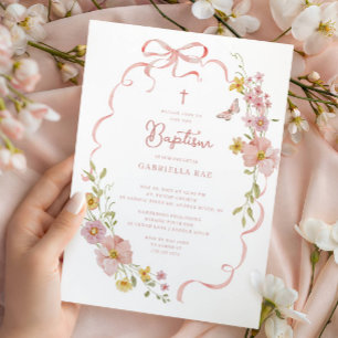 Tauf-Einladung mit rosa Schleife und Blumen Einladung