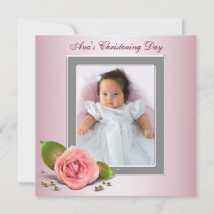 Tauf-Foto Baby Mädchen Pinke Rose Einladung