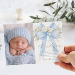 Tauf-Foto-Karte für Babyjungen mit floralem Dankes Einladung