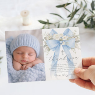 Tauf-Foto-Karte für Babyjungen mit floralem Dankes Einladung