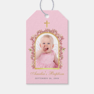 Tauf-Foto Mädchen Rosa Orchideen Blumen Goldener B Geschenkanhänger