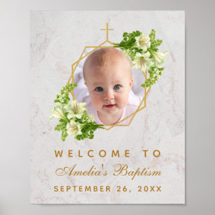 Tauf-Foto Mädchen Weiße Lilien Gold Willkommenssch Poster