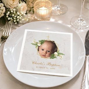 Tauf-Foto Marmor Floral Calla Lilien Gold  Serviette