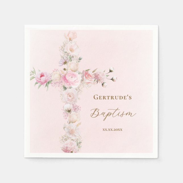 Tauf rosa Blumenkreuz  Serviette (Vorderseite)
