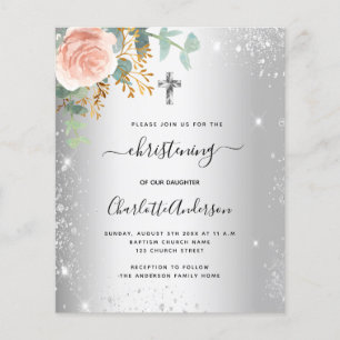 Tauf-Rosé-Blumen-Silber-Glanz-Einladung Flyer