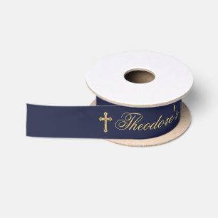 Taufband Junge Navy Blau Falsches Goldkreuz Kallig Satinband