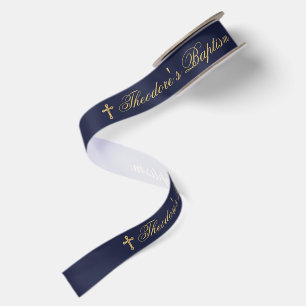 Taufband Junge Navy Blau Falsches Goldkreuz Kallig Satinband