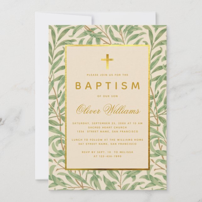 Taufbecken Grün Blätter Imitate Gold Cross Morris  Einladung (Vorderseite)