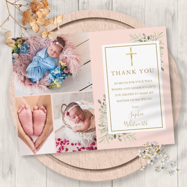 Taufbecken Grün Blush Pink 3 Foto Vielen Dank Postkarte (Baptism Greenery Blush Pink 3 Photo Thank You Postcard)
