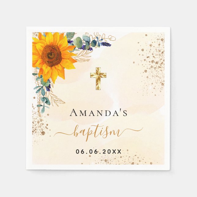 Taufbecken Sonnenblumen Eukalyptusgrün Glitzer Serviette (Vorderseite)
