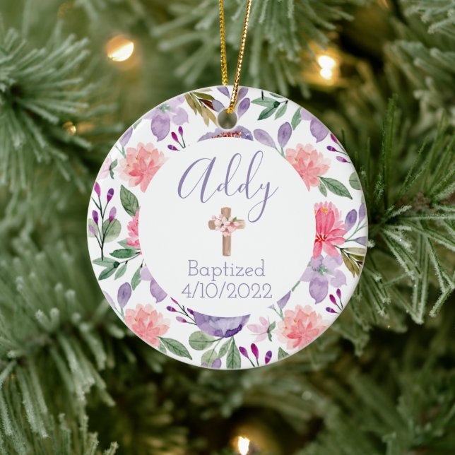 Taufdatum Christlicher Lila Blumenbezug Keramik Ornament (Baum)