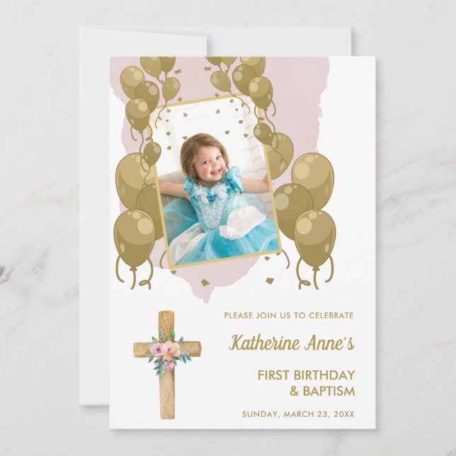 Taufe 1. Geburtstag Pink Gold Text Foto Einladung (Vorderseite)