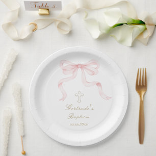 Taufe Aquarell rosa Schleife Baby Mädchen Pappteller