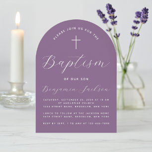 Taufe Arch Dusty Lila Moderne Schrift und Kreuz Einladung