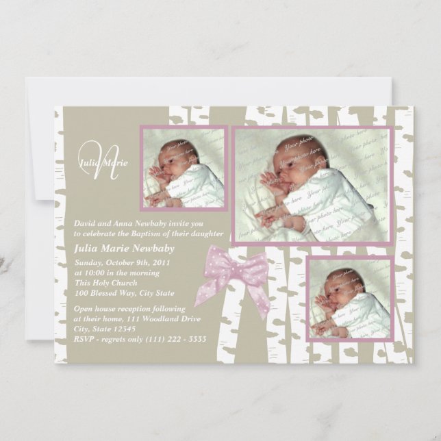 Taufe Baby Birch Foto Pink Einladung (Vorderseite)