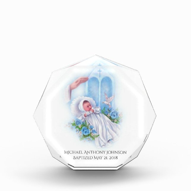 Taufe Baby Boy Blue Flowers Cross Fotoblock (Vorderseite)