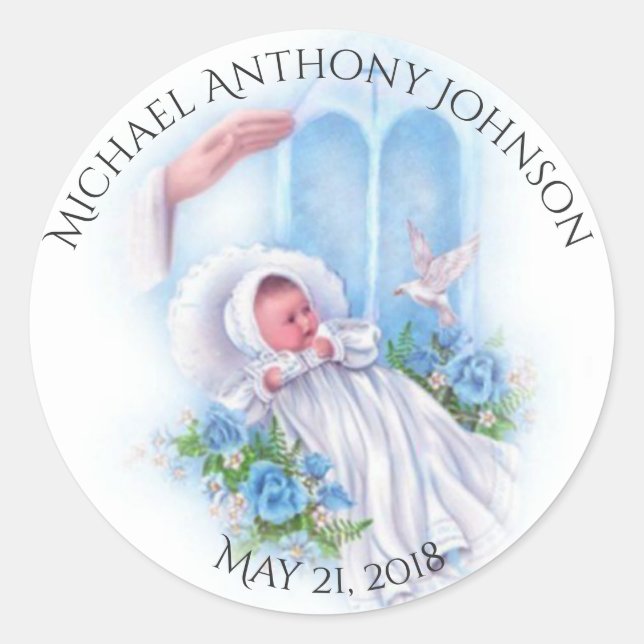 Taufe Baby Boy Blue Flowers Cross Runder Aufkleber (Vorderseite)