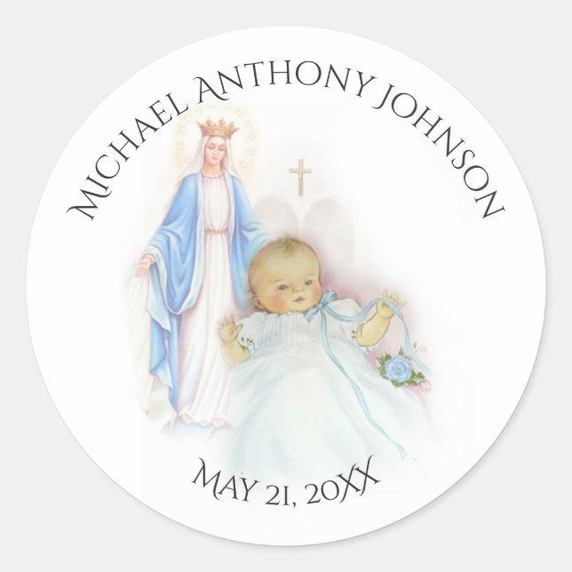 Taufe Baby Boy Blue Flowers Mary Runder Aufkleber (Vorderseite)