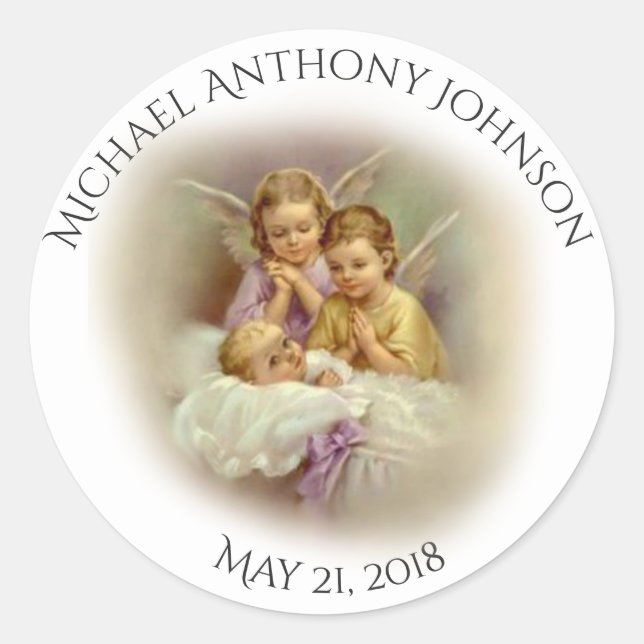 Taufe Baby Boy oder Girl Engel beten Runder Aufkleber (Vorderseite)