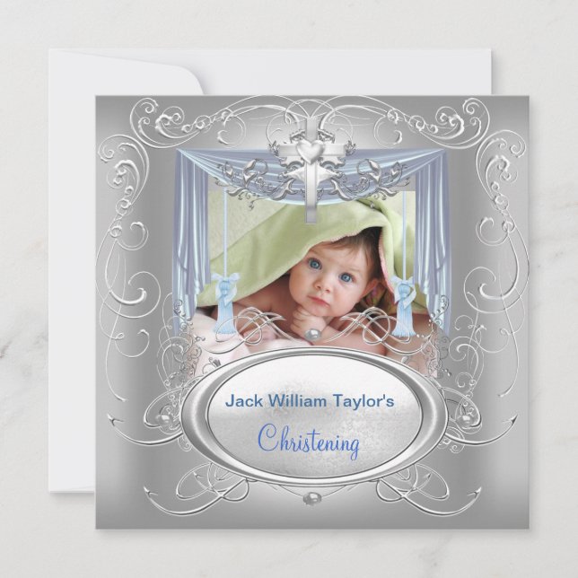 Taufe Baby Christening Boy Blue Silver Cross Ankündigung (Vorderseite)