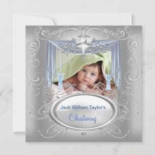 Taufe Baby Christening Boy Blue Silver Cross Ankündigung