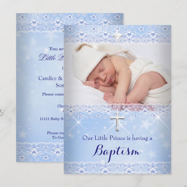 Taufe Baby Foto von Boy Blue Lace Einladung (Vorne/Hinten)